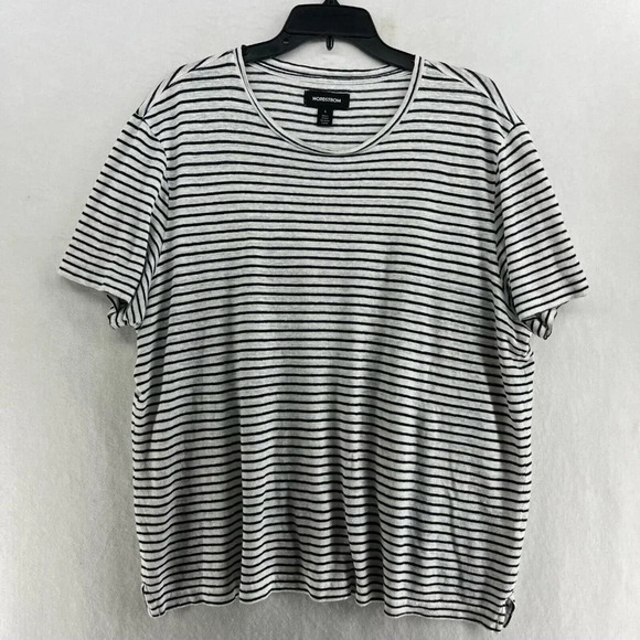 Nordstrom Linen Shirt Womens Large Black White Striped Round Neck Relaxed Fit - Picture 1 of 12